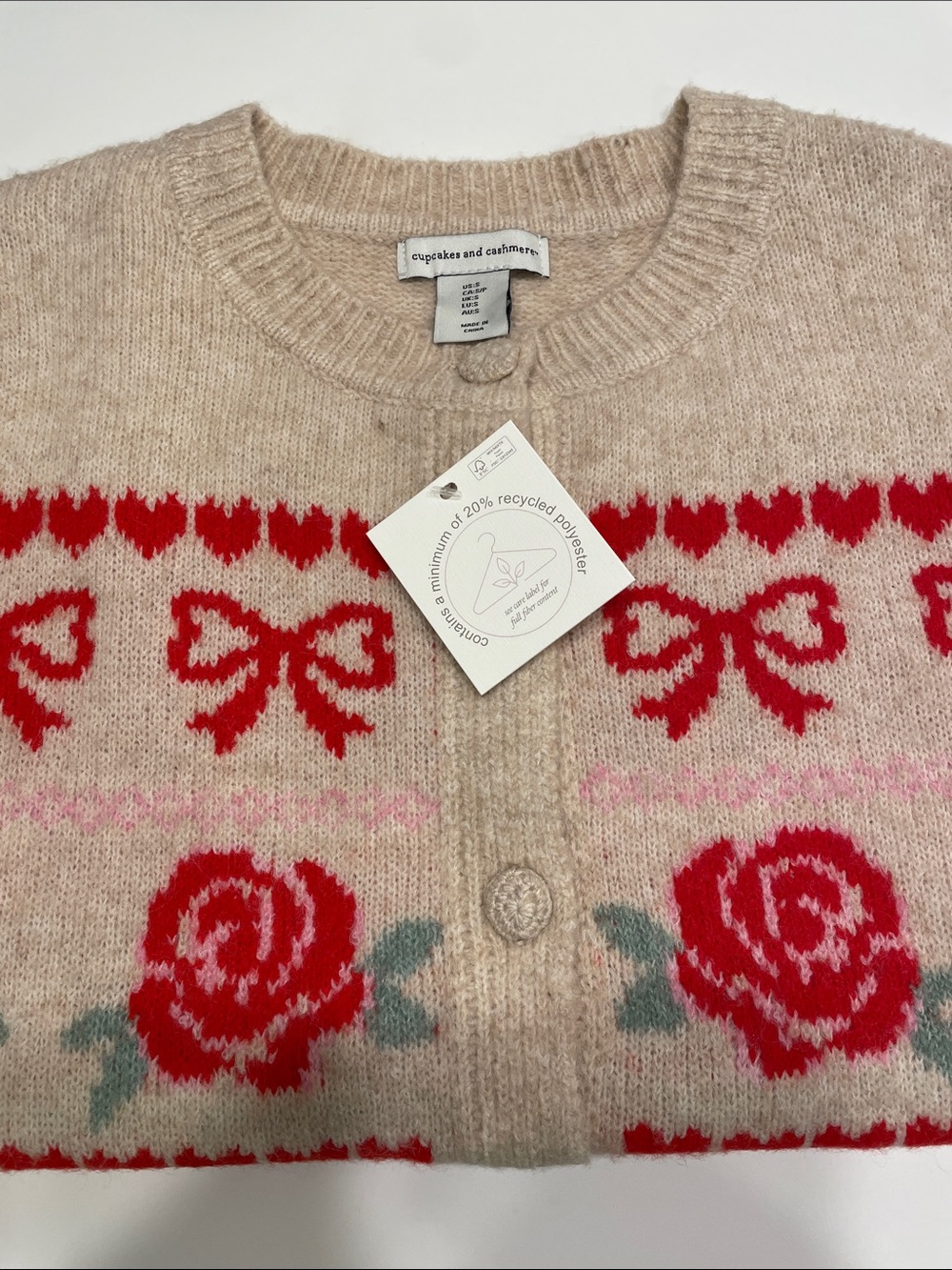 NWT Cupcakes and Cashmere Whimsical  cream bow and Floral Cardigan in size small - Picture 7 of 8